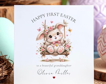 Gepersonaliseerde eerste paaskaart kleindochter, 1e paaskaart, paaskaart paashaas bloemen, afdrukbare paaskaart, van grootouders