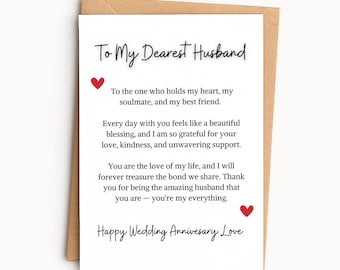 Tarjeta de aniversario para esposo / Tarjeta de aniversario para él / Mensaje sincero / Tarjeta de amor imprimible para esposo / Regalo de aniversario para él