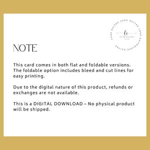 May include: A digital download announcement card with the word "NOTE" at the top. The card comes in flat and foldable versions. The foldable option includes bleed and cut lines for easy printing. The card is a digital download; no physical product will be shipped.