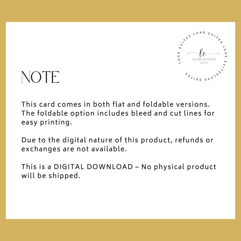May include: A digital download announcement card with the word "NOTE" at the top. The card comes in flat and foldable versions. The foldable option includes bleed and cut lines for easy printing. The card is a digital download; no physical product will be shipped.