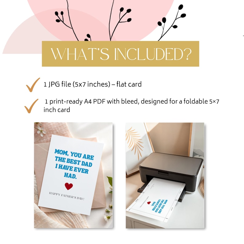 May include: Image of a Father's Day card design with the text "MOM, YOU ARE THE BEST DAD I HAVE EVER HAD." The design includes a red heart and the words "HAPPY FATHER'S DAY!". The image also shows a printer and a card.