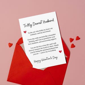 Tarjeta del día de San Valentín para el esposo, tarjeta de feliz día de San Valentín para él, hermoso mensaje, tarjeta del primer día de San Valentín para el esposo, tarjeta imprimible