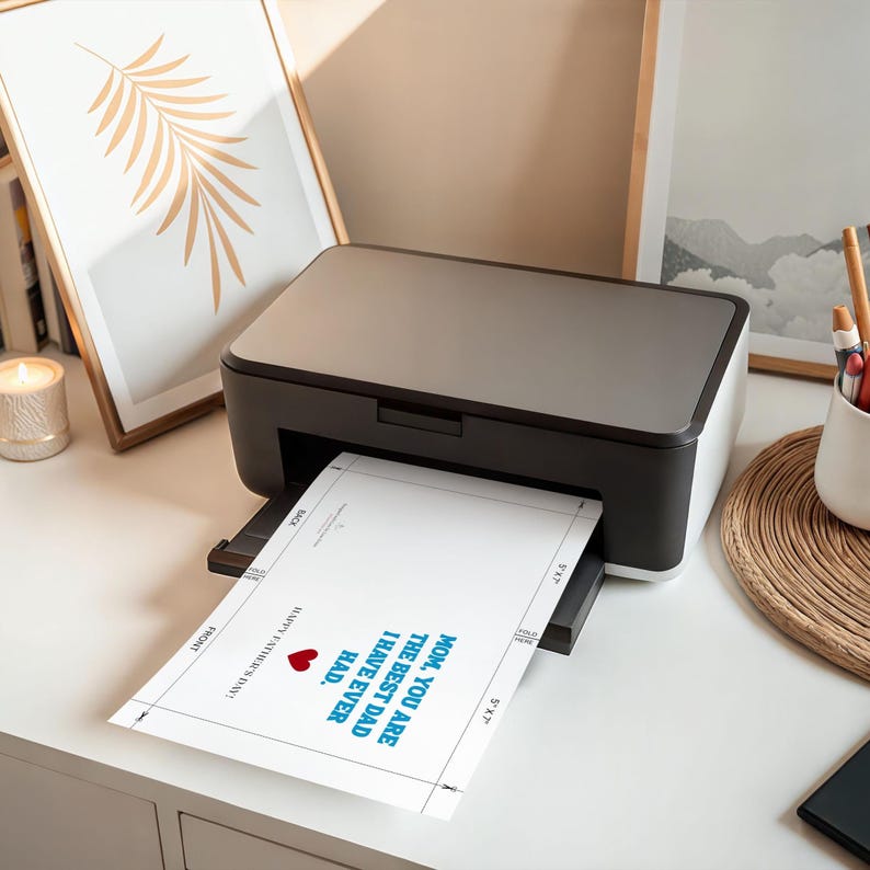 May include: A black and white printer printing a Father's Day card. The card reads "MOM, YOU ARE THE BEST DAD I HAVE EVER HAD." with a red heart. The paper size is 5x7 inches.