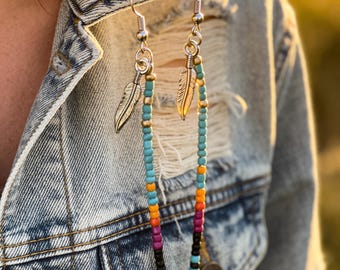 Western Seed Bead Feather Earrings, Boho Dangle Jewelry, Turquoise Magenta Black Accents