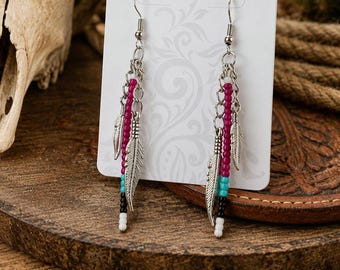 Handmade Magenta Turquoise Seed Bead Dangle Earrings, Feather Charm Western Jewelry