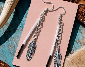 Black and White Seed Bead Feather Earrings: Lightweight 2.5 Inch Western Dangles