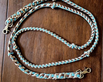 Turquoise Barrel Racing Reins: Mixed Braid Design with Grip Knots, 7 or 8 Ft
