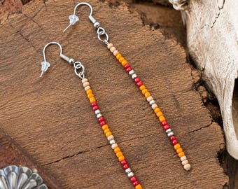 Handmade Seed Bead Western Earrings, Extra-Long Feather Dangle Jewelry