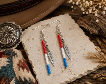 Red White and Blue Seed Bead Earrings: Lightweight Western Rodeo Drops