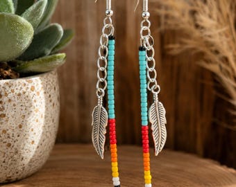 Handmade Western Seed Bead Feather Earrings, Boho Dangle Jewelry, Turquoise