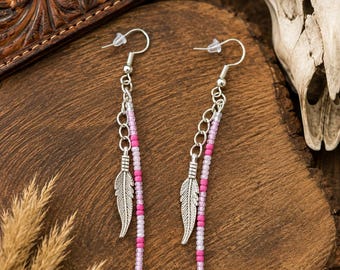 Handmade Pink Seed Bead Feather Earrings, Western Rodeo Statement Jewelry