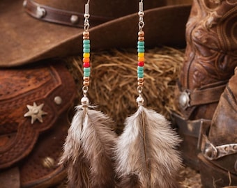 Western Feather Earrings Turquoise Beaded, Navajo Inspired, Long, Lightweight