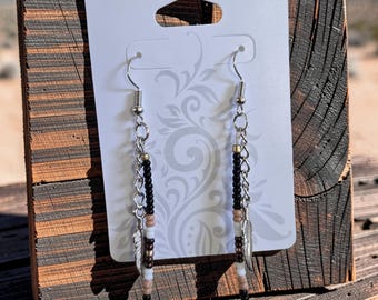 Western Seed Bead Feather Earrings, Boho Dangle Jewelry, Brown Black Tan Copper