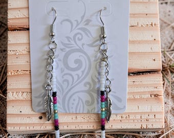 Western Seed Bead Feather Earrings, Boho Dangle Jewelry, Turquoise Magenta Black Accents