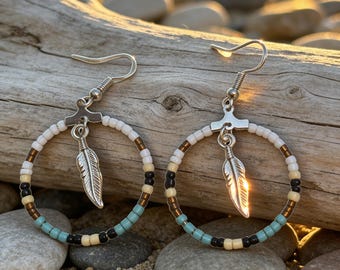 Lightweight Western Beaded Hoop Earrings with Feather Charm