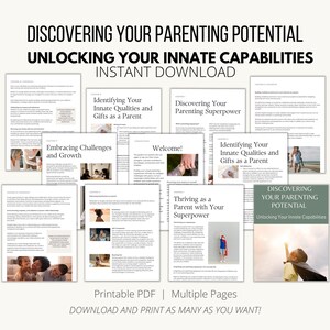 Könnte beinhalten: Ein digitaler Download eines Elternratgebers mit dem Titel "Discovering Your Parenting Potential: Unlocking Your Innate Capabilities". Der Ratgeber hat ein farbenfrohes Cover mit einem Kind in einem Superhelden-Kostüm vor blauem Himmel. Der Ratgeber umfasst mehrere Kapitel mit Titeln wie "Identifizieren Sie Ihre angeborenen Eigenschaften und Gaben als Elternteil", "Herausforderungen und Wachstum annehmen", "Entdecken Sie Ihre elterliche Superkraft" und "Gedeihen als Elternteil mit Ihrer Superkraft".