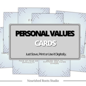 May include: A set of printable personal values cards with a gray background and black text. The cards feature a sunburst design with a light blue background. The text on the cards reads "Personal Values Cards" and "Just Save, Print or Use it Digitally."