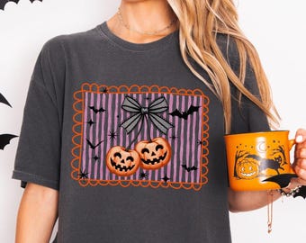 Coquette Halloween Shirt Comfort Colors Pumpkin Cherries T-shirt Jack-o-lantern Cherry Tshirt Spooky Season Tee