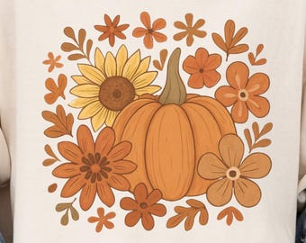 Boho Floral Pumpkin Shirt Fall Comfort Colors Autumn Pumpkins Tee Thanksgiving Flower T-shirt