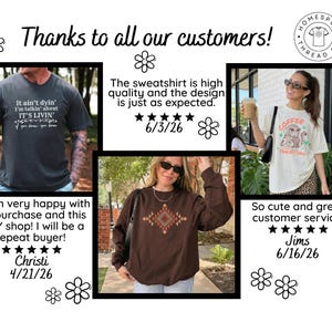 Puede incluir: Un collage que muestra tres prendas: una camiseta gris oscuro con el texto 'It ain't dyin' I'm talkin' about IT'S LIVIN' if you know you know', una sudadera marr&oacute;n de manga larga con un patr&oacute;n geom&eacute;trico y una camiseta blanca con un gr&aacute;fico de caf&eacute;.