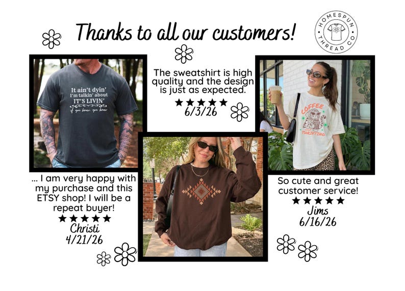 Puede incluir: Un collage que muestra tres prendas: una camiseta gris oscuro con el texto 'It ain't dyin' I'm talkin' about IT'S LIVIN' if you know you know', una sudadera marr&oacute;n de manga larga con un patr&oacute;n geom&eacute;trico y una camiseta blanca con un gr&aacute;fico de caf&eacute;.