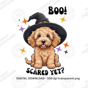 Halloween Golden Doodle Png Chiot effrayant Sublimation Design Chapeau de sorcière Clip Art Doodle chiot Image numérique T-Shirt Png Téléchargement immédiat