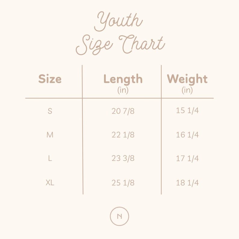 May include: A beige chart titled "Youth Size Chart" with size, length, and weight measurements. Sizes range from S to XL, with lengths from 20 7/8 inches to 25 1/8 inches and weights from 15 1/4 to 18 1/4 inches.