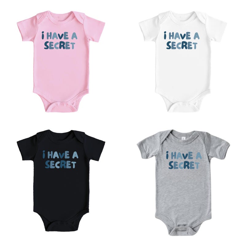 May include: Four baby onesies in pink, white, black, and gray. Each onesie has the text "I HAVE A SECRET" in blue lettering. The onesies are short-sleeved and have a snap closure at the bottom.