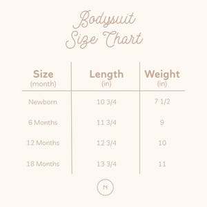 May include: A beige bodysuit size chart with the text "Bodysuit Size Chart". The chart lists sizes from newborn to 18 months, with corresponding lengths in inches and weights in inches.