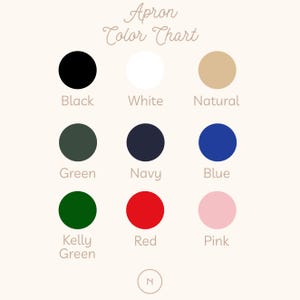 May include: Apron color chart with 10 color swatches: black, white, natural, green, navy, blue, kelly green, red, pink. The chart is on a light beige background.