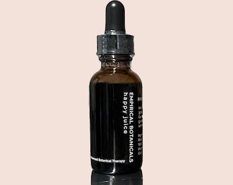 May include: A dark brown glass bottle with a black dropper top. The bottle is labeled "Empirical Botanicals happy juice" and "Advanced Botanical Therapy".