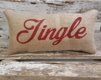 Burlap Jingle Pillow 6" x 13" Stuffed Burlap Pillow Jingle Rustic Farmhouse Holiday Decor