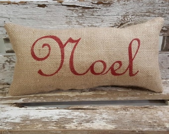 Burlap Noel Pillow 6" x 13" Stuffed Burlap Pillow Noel Rustic Farmhouse Holiday Decor