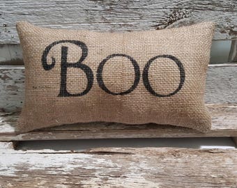 Burlap Boo 11" x 6" Stuffed Pillow Halloween Boo Burlap Pillow Black