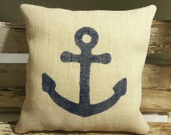 Navy Anchor Burlap Stuffed Pillow Nautical Summer Pillow 12" x 12" Beach House Pillow