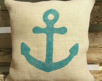 Beach Blue Anchor Burlap Stuffed Pillow Nautical Summer Pillow 12" x 12" Beach House Pillow