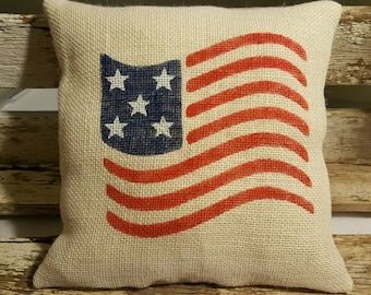 Flag Burlap Stuffed Pillow Americana Burlap Pillow Burlap 12" x 12" Patriotic Flag Pillow