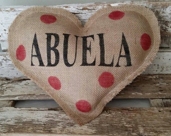 Burlap Abuela Heart Shaped Stuffed Pillow With Red Polka Dots Mother's Day Or Birthday Gift