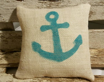 Anchor Burlap Stuffed Pillow Beach Blue Nautical Summer Pillow 8" x 8" Beach House Pillow