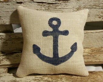 Anchor Burlap Stuffed Pillow Navy Blue Nautical Summer Pillow 8" x 8" Beach House Pillow