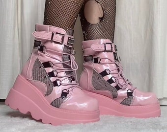 Women Punk Gothic Motorcycle Boots Platform Chunky High Heel Ankle Boot Bimbo Cool Wedge Woman Pink Gothic goth emo alt rave kawaii Shoes