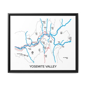 Canvas Yosemite Valley-kaart | Matte muurkunst voor natuurliefhebbers | Nationaal park-print | Routekaart | Avontuurlijke woondecoratie | Ingelijste muurkunst
