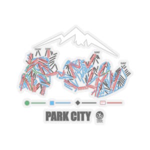 Pode incluir: Um adesivo branco com um mapa da estação de esqui de Park City. O mapa mostra as diferentes pistas e trilhas, com as elevações marcadas em pés. O adesivo também inclui o texto "Park City" e um logotipo para a Trail Company.