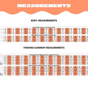May include: A chart with body and finished garment measurements in inches and centimeters. The chart includes measurements for chest, waist, hip, top length, and sleeve length, with sizes ranging from 2 to 44.
