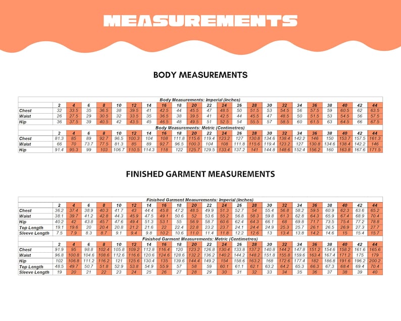 May include: A chart with body and finished garment measurements in inches and centimeters. The chart includes measurements for chest, waist, hip, top length, and sleeve length, with sizes ranging from 2 to 44.