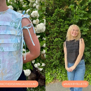 May include: Two women wearing sleeveless tops. One top is light blue with a bow pattern and tie straps. The other is black with a polka dot pattern and tie straps. Both tops have a pleated design.