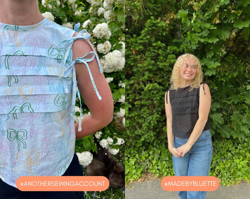 May include: Two women wearing sleeveless tops. One top is light blue with a bow pattern and tie straps. The other is black with a polka dot pattern and tie straps. Both tops have a pleated design.