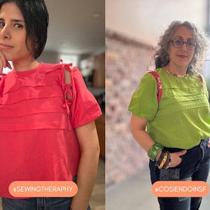 May include: Two women wearing colorful blouses. One is wearing a red blouse with horizontal ruffles and cut-out sleeves. The other is wearing a green blouse with a pleated front and floral trim. The text "@SEWINGTHERAPY" and "@COSIENDOINSF" are visible.