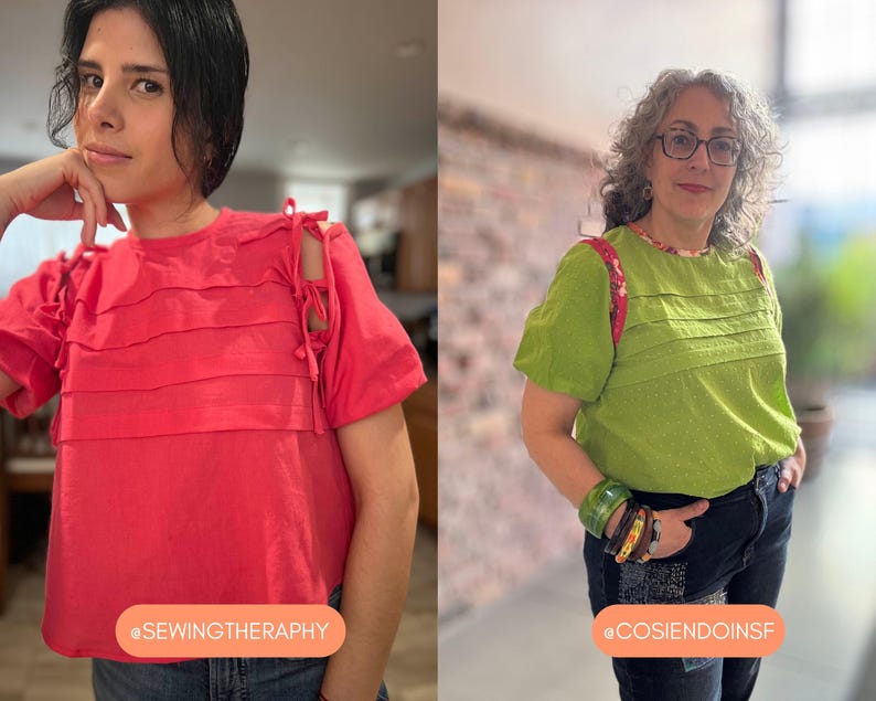 May include: Two women wearing colorful blouses. One is wearing a red blouse with horizontal ruffles and cut-out sleeves. The other is wearing a green blouse with a pleated front and floral trim. The text "@SEWINGTHERAPY" and "@COSIENDOINSF" are visible.