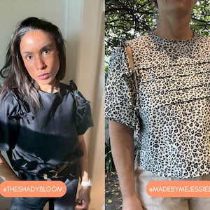 May include: Two women modeling tops. One wears a black top with bow details and a belt. The other wears a cream-colored top with a black leopard print and shoulder cutouts. The text "@THESHADYBLOOM" and "@MADEBYMEJESSIEB" are visible.
